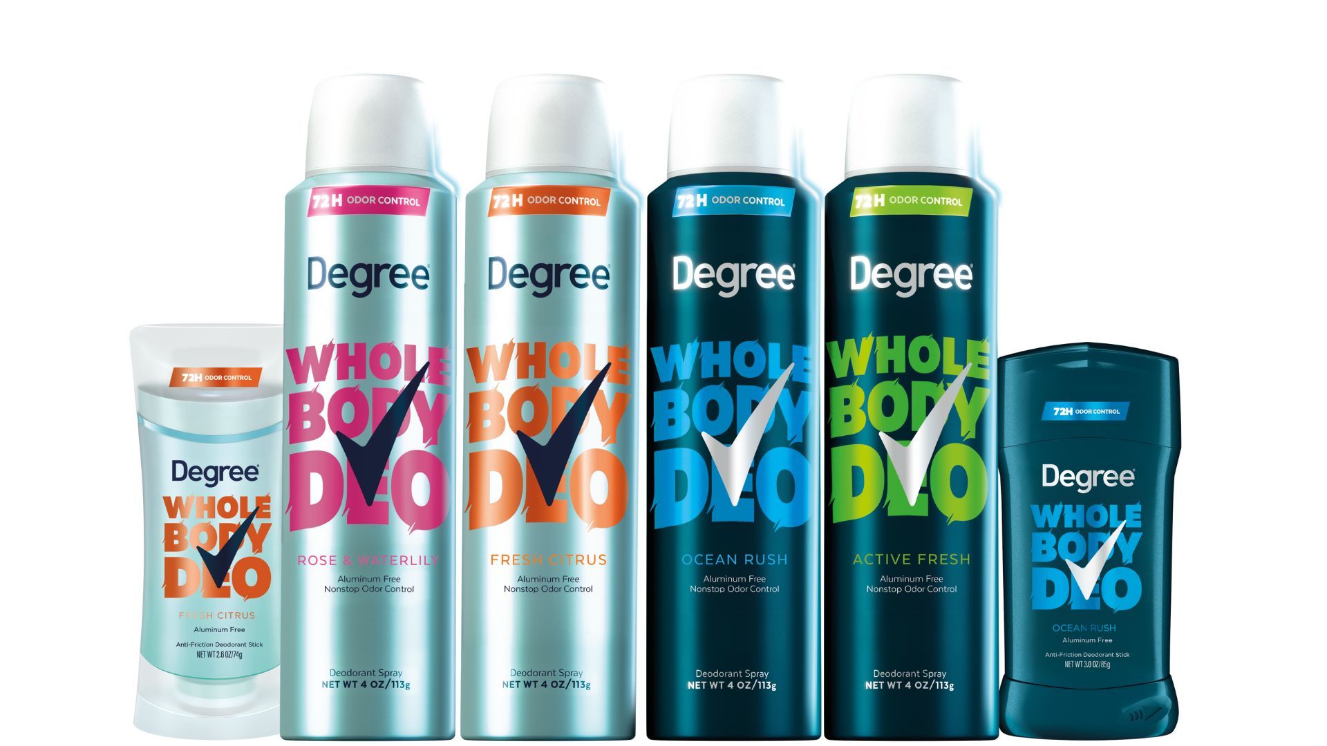 ผลิตภัณฑ์จากกลุ่มผลิตภัณฑ์ Whole Body Deo ของ Degree ทั้งแบบสเปรย์และแบบแท่ง โดยมีบรรจุภัณฑ์เป็นสีน้ำเงินที่มาพร้อมกับแบรนด์สินค้าสีสันสดใส