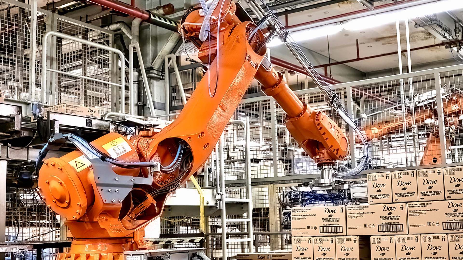 เครื่องหยิบอัตโนมัติที่วางบรรจุภัณฑ์ผลิตภัณฑ์ Dove Beauty Bar ลงบนพาเลตที่โรงงานของ Unilever ในเมืองมานน์ไฮม์ ประเทศเยอรมนี